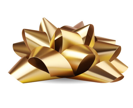 Decorative festive gold bow with realistic shadow isolated on white. Christmas and New Year decoration. Vector stock illustration.	
