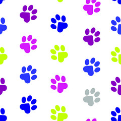 Paws of a cat, dog, puppy. Seamless colored animal footprint pattern for bedding, fabrics, backgrounds, websites, postcards, baby prints, wrapping paper. Vector graphics.