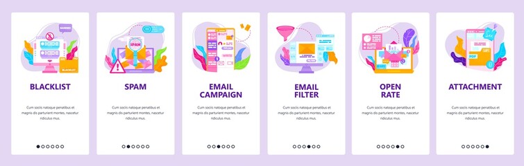 Email campaign, email blacklist and filter, spam check. Mobile app screens, vector website banner template. - obrazy, fototapety, plakaty