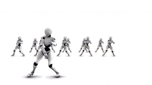 Ultra HD 3d animation of dancing robots. Loop video isolated with luma matte.