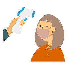 A woman wearing a mask to have her body temperature measured