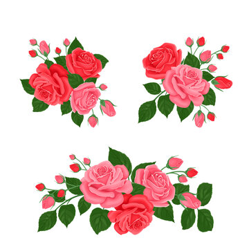 Set of bouquets of rose flowers and green leaves isolated on white background. Elements for design greeting card. Vector floral illustration in cartoon flat style.