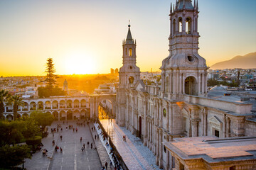 The Basilica Cathedral of Arequipa on sunset - 403417604