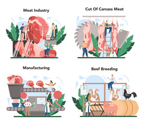 Obraz premium Meat production industry concept set. Butcher or meatman factory