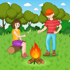 Happy young friends at camp or picnic, enjoy roasting marshmallow at fire, sitting at bonfires. Vector illustration