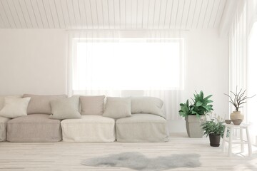 White living room with sofa. Scandinavian interior design. 3D illustration
