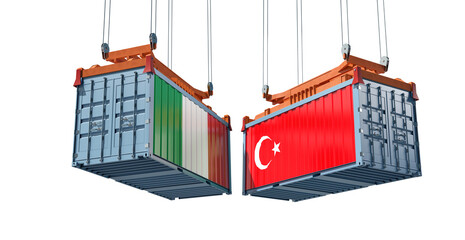 Freight containers with Italy and Turkey national flags. 3D Rendering 
