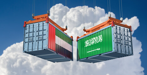 Freight containers with Saudi Arabia and United Arab Emirates national flags. 3D Rendering 