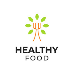 Healthy food logo vector design with fork icon illustration forming a tree with natural fresh green leaves