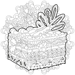 Vector piece of cake with abstract ornaments on a patterned round substrate for coloring.