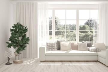 White living room with sofa. Scandinavian interior design. 3D illustration