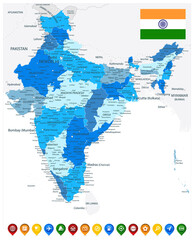 India Administrative Blue Map and Colored Map Icons