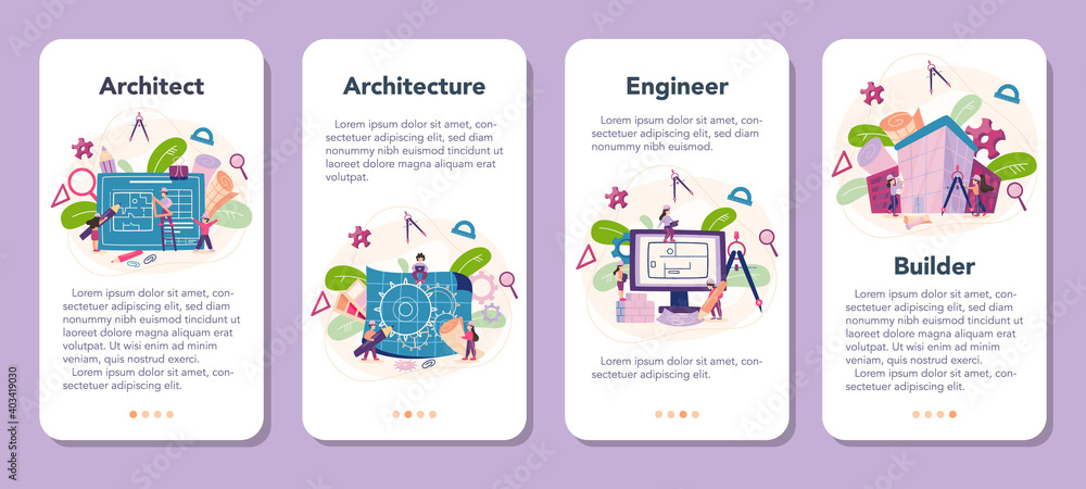 Poster architecture mobile application banner set. idea of building project