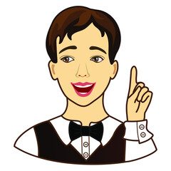 emoji with a waiter asking a client to stand by, a man is raising his index finger in a Just a moment gesture to ask people to wait a minute