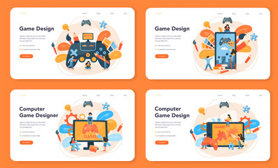 Fototapeta premium Game designer web banner or landing page set. Creative process