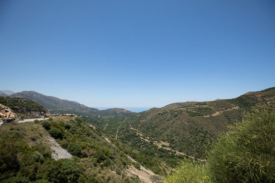 A view of the island is green mountains and plantations of olive trees.