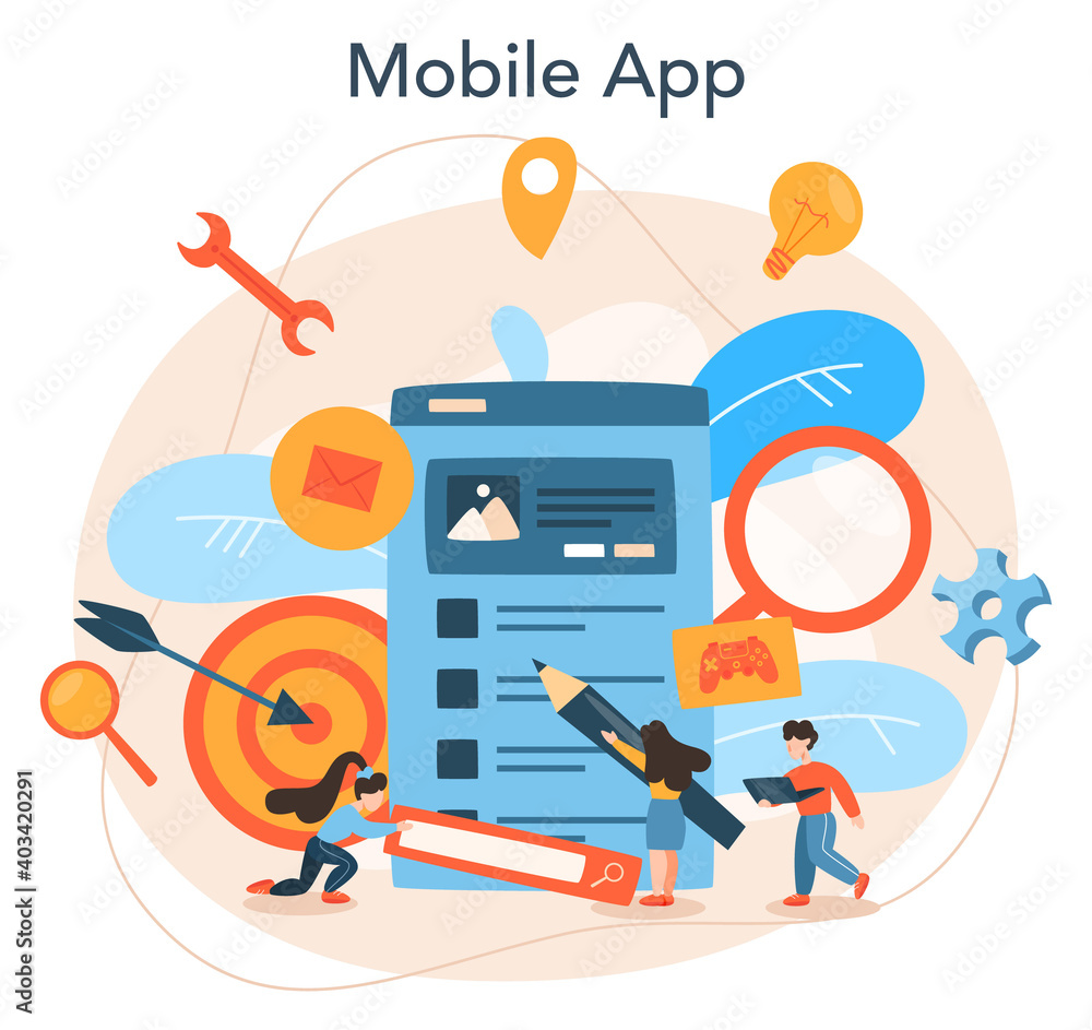 Poster mobile app development concept. modern technology and smartphone interface