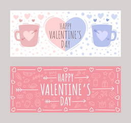 Hand drawn valentine's day banners. Two cups and a heart. Banner with doodle background. Vector.