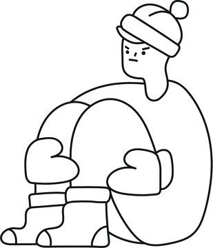 A sad person sitting wearing a warm cloth black and white line illustration