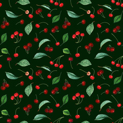 Antique red cherry and greenery seamless pattern on dark green background