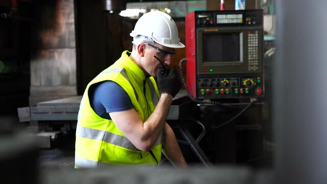 Job control foreman is stressing working in industrial factories. Staff or engineer working on new project.