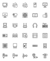 Computer hardware line icons set. linear style symbols collection, outline signs pack. vector graphics. Set includes icons as hard disk, usb, laptop computer, cpu microchip, power unit, pc mouse