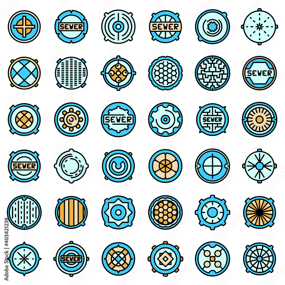 Aufkleber manhole icons set. outline set of manhole vector icons thin line color flat on white
