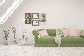 White living room with sofa. Scandinavian interior design. 3D illustration