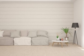 White living room with sofa. Scandinavian interior design. 3D illustration