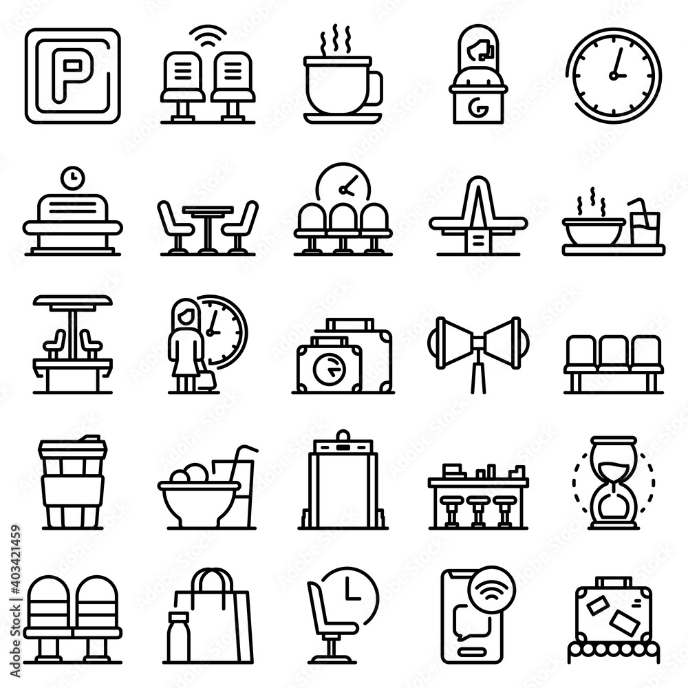Poster waiting area icons set. outline set of waiting area vector icons for web design isolated on white ba