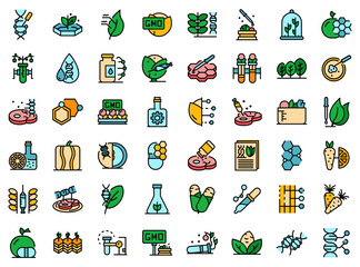 Fototapeta premium Gmo food icons set. Outline set of gmo food vector icons thin line color flat on white