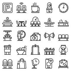 Waiting area icons set. Outline set of waiting area vector icons for web design isolated on white background
