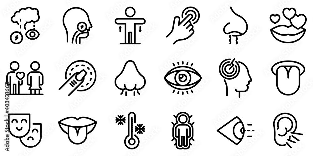 Poster senses icons set. outline set of senses vector icons for web design isolated on white background