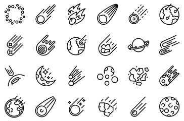 Asteroid icons set. Outline set of asteroid vector icons for web design isolated on white background