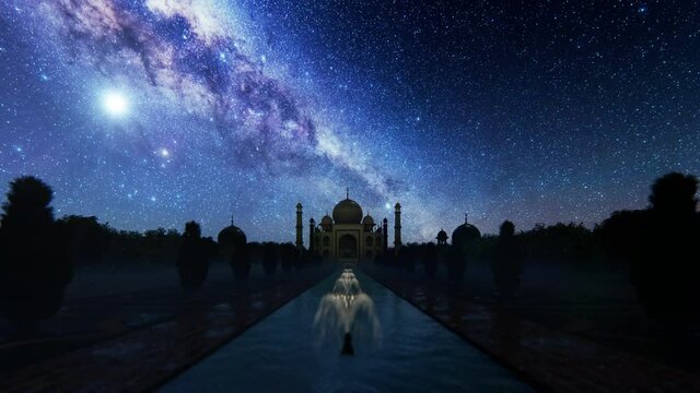 Taj Mahal silhouette against starry sky 4K
