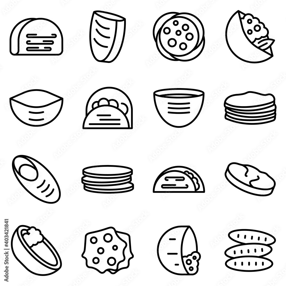 Poster pita bread icons set. outline set of pita bread vector icons for web design isolated on white backgr