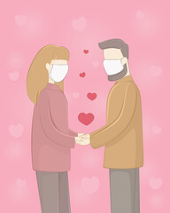 Couple in masks hold hands. Vector illustration.