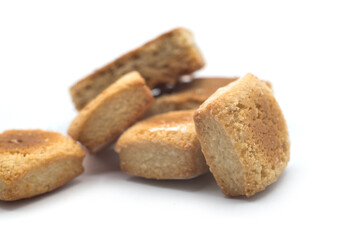 Closeup of traditionals biscuits in shaped square on white background