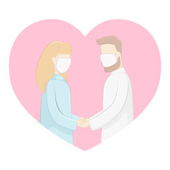 Valentines card. Lovers in masks hold hands. Vector illustration.