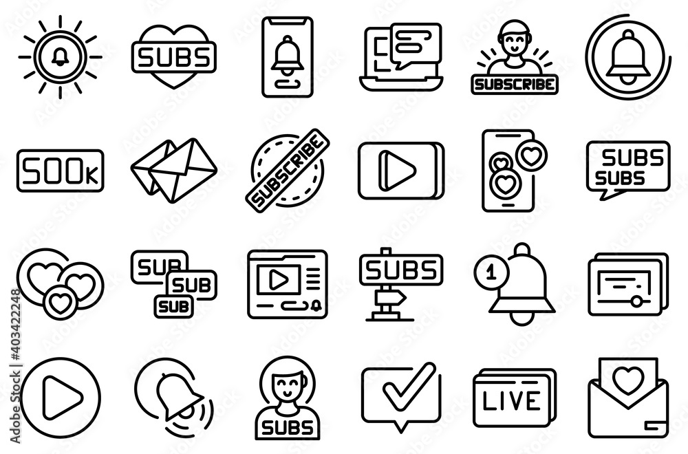 Poster subscribe icons set. outline set of subscribe vector icons for web design isolated on white backgrou