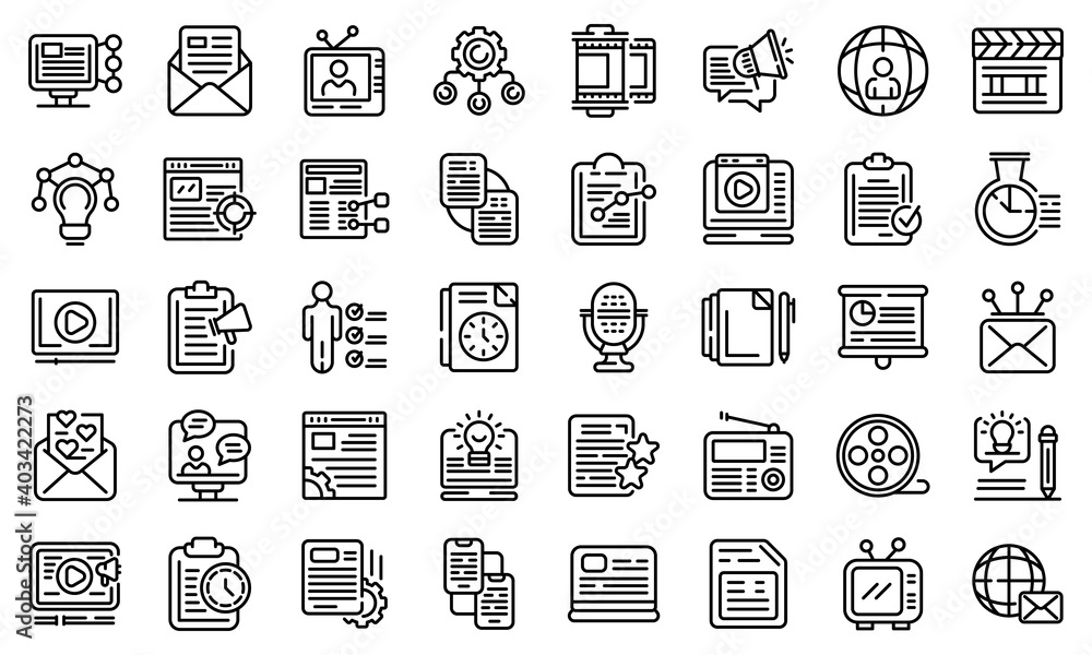 Poster social project icons set. outline set of social project vector icons for web design isolated on whit