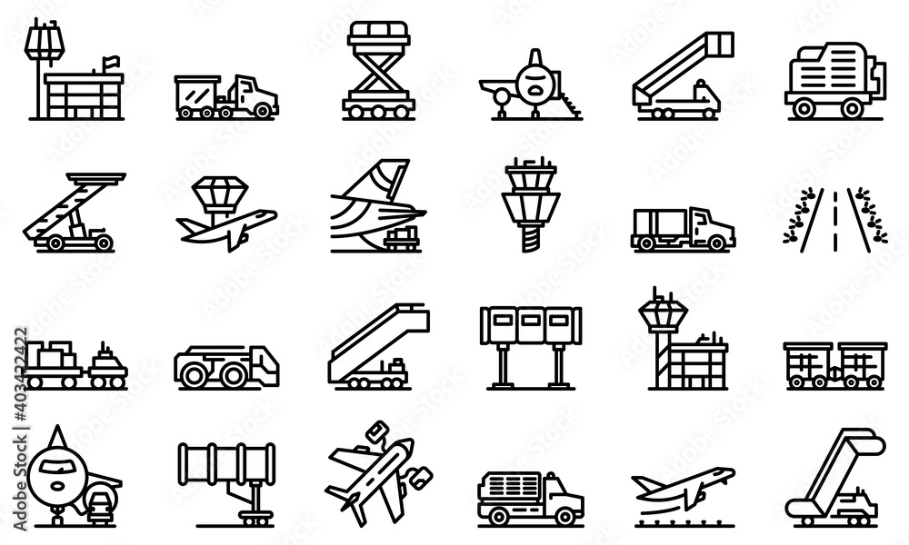 Poster airport ground support service icons set. outline set of airport ground support service vector icons