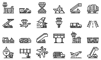 Airport ground support service icons set. Outline set of airport ground support service vector icons for web design isolated on white background