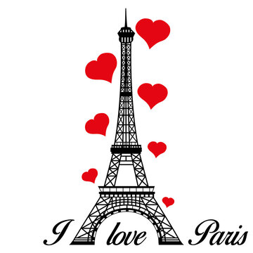 J'aime Paris. I love Paris. Eiffel tower with red hearts. Vector illustration.