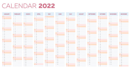 The 2022 calendar planner template with vertical monthly columns - 403422808