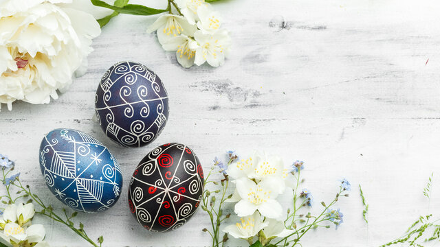 Pysanky Ukrainian Easter Eggs on shabby background
