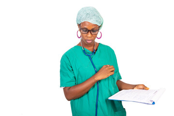 ybeautiful young female doctor holding a paper-press