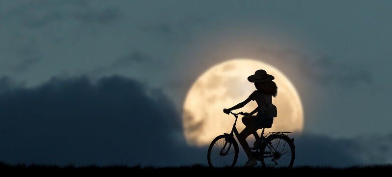 a silhouette girl on a bicycle with a moon night background.