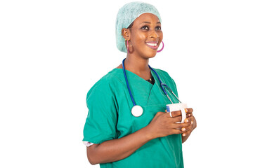 young female doctor holding a cup of coffee.
