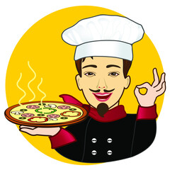 man cook holds in hand a round pizza with about sweet bell pepper, sausage and olives and the other hand shows italian sign very tasty, belissimo, clip art on white isolated background
